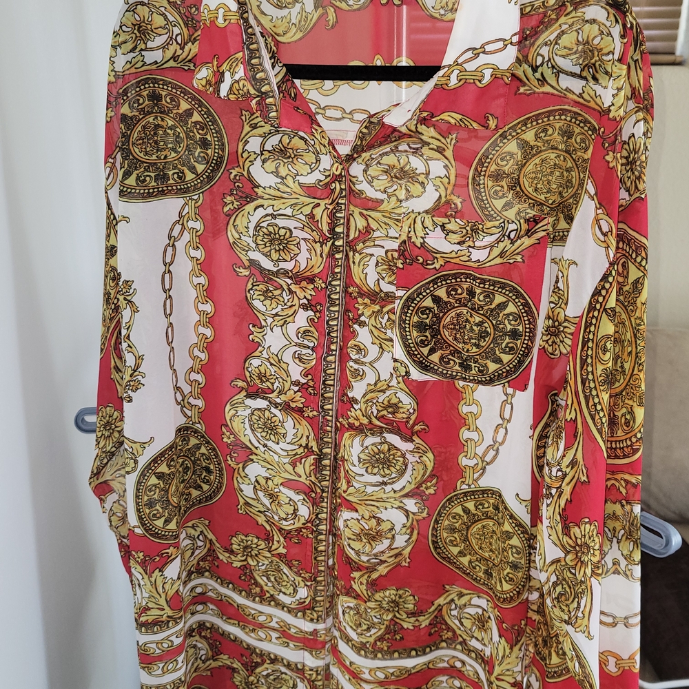 Fashion Nova Red and Gold Chain Print Blouse